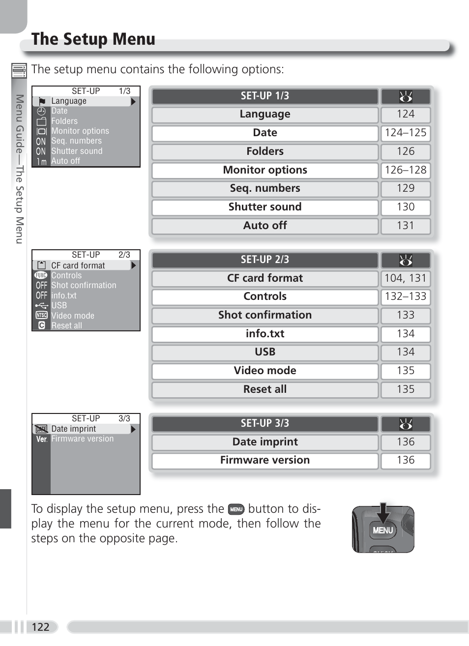 The setup menu, The setup menu contains the following options | Nikon 8700 User Manual | Page 132 / 164