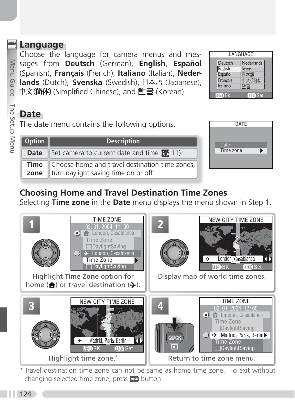 Language, Date, Choosing home and travel destination time zones | The date menu contains the following options | Nikon 8700 User Manual | Page 134 / 164