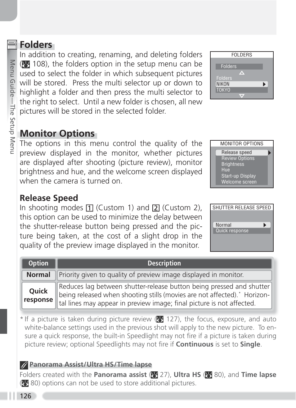 Folders, Monitor options, Release speed | Nikon 8700 User Manual | Page 136 / 164