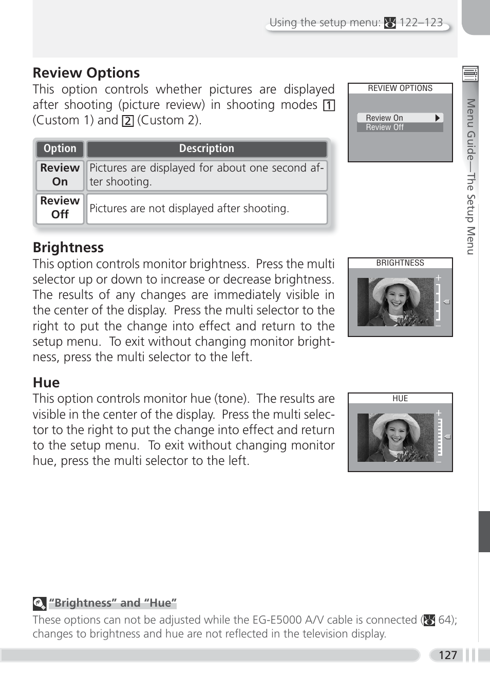 Brightness, Review options | Nikon 8700 User Manual | Page 137 / 164