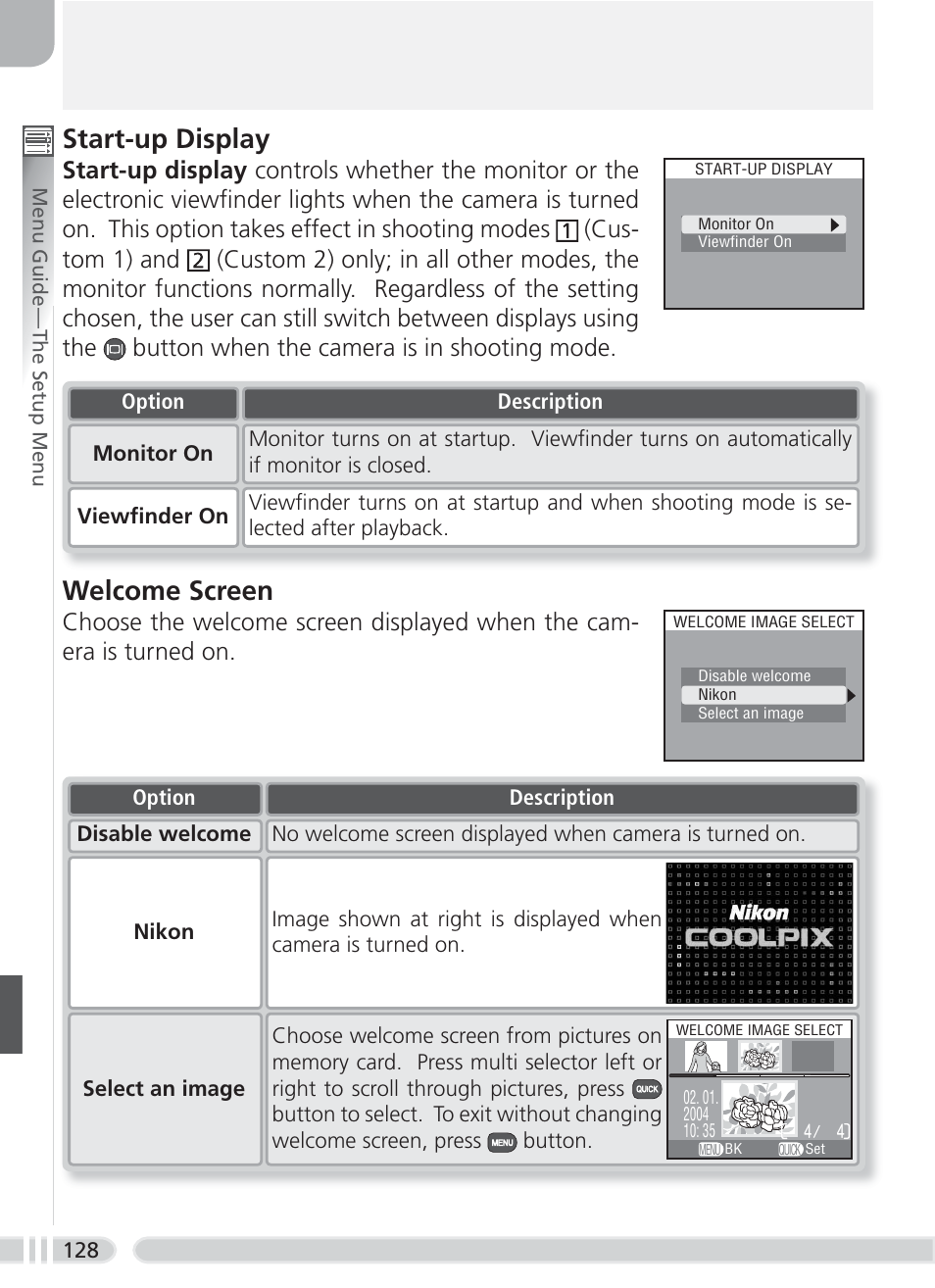Welcome screen, Start-up display | Nikon 8700 User Manual | Page 138 / 164