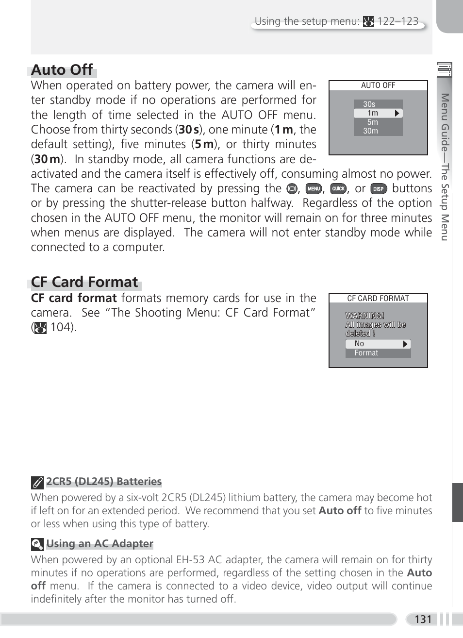 Auto off, Cf card format | Nikon 8700 User Manual | Page 141 / 164
