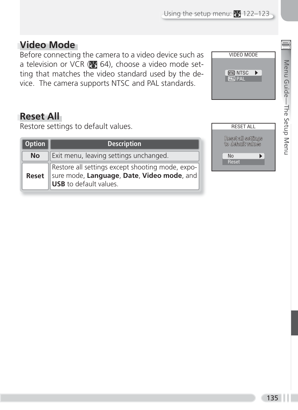 Video mode, Reset all, Restore settings to default values | Nikon 8700 User Manual | Page 145 / 164