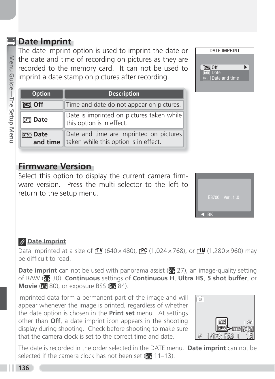 Date imprint, Firmware version, F5.6 | Nikon 8700 User Manual | Page 146 / 164