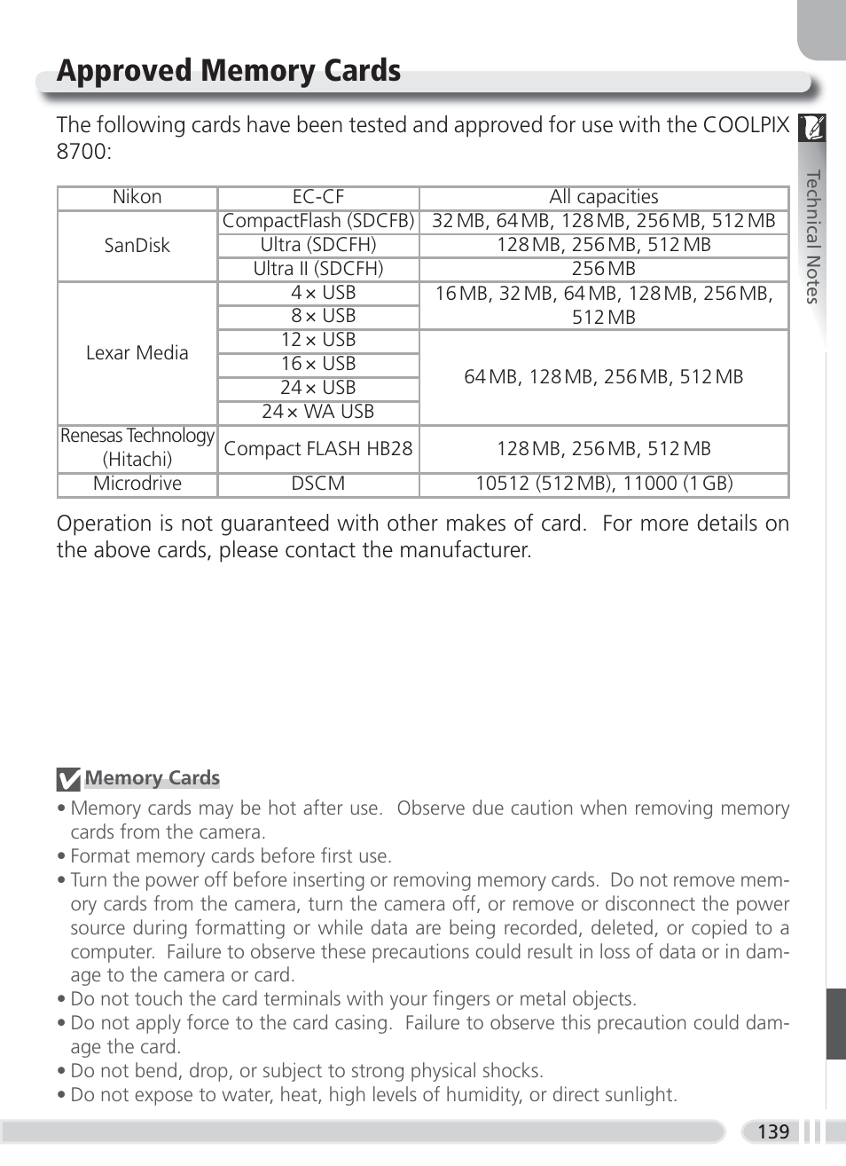 Approved memory cards | Nikon 8700 User Manual | Page 149 / 164