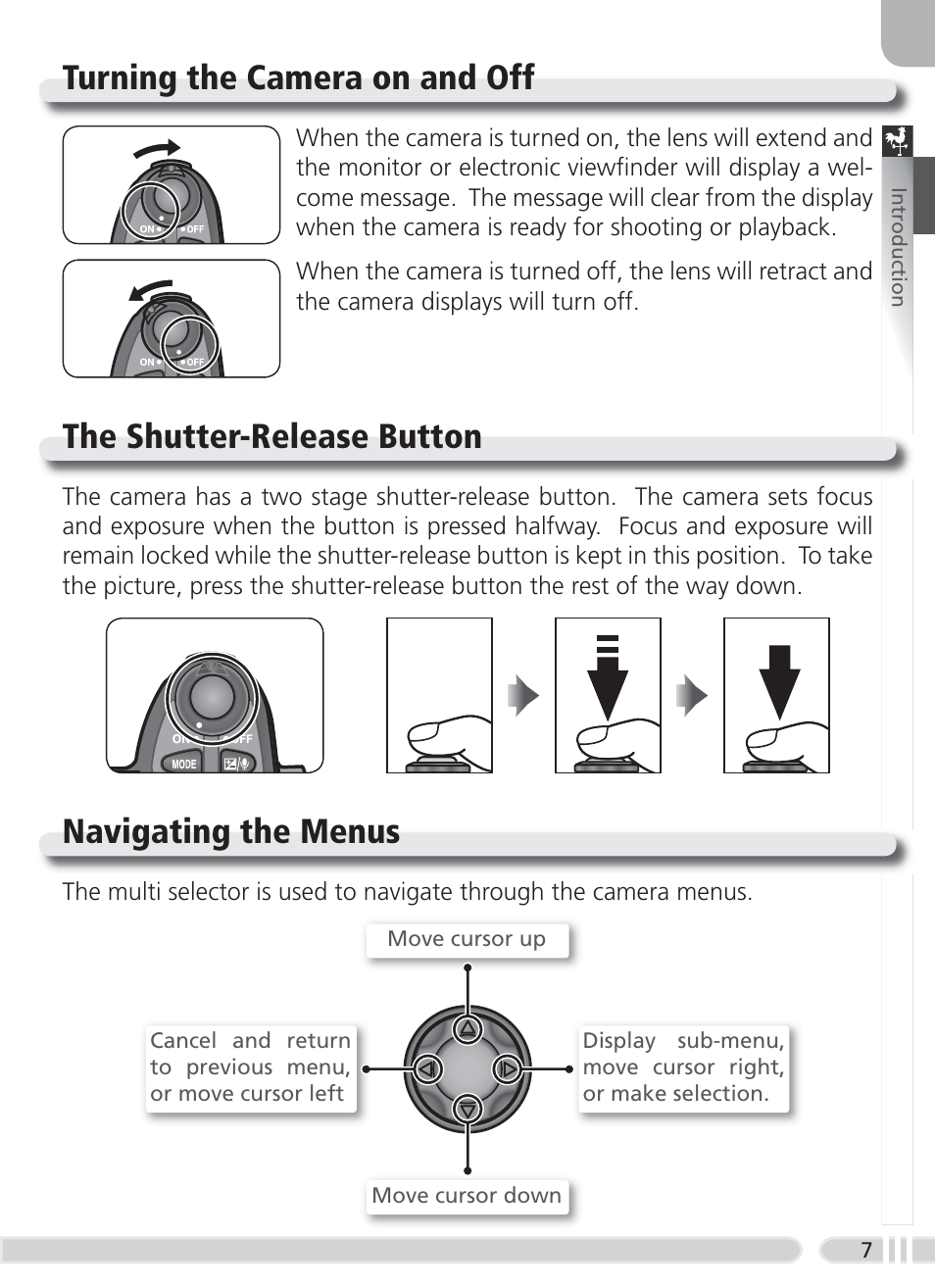 Turning the on and off, The shutter-release button, Navigating the menus | Turning the camera on and off | Nikon 8700 User Manual | Page 17 / 164