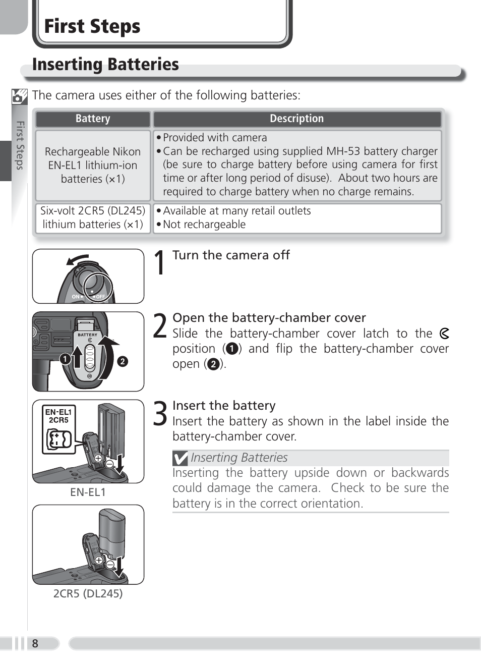 First steps, Inserting batteries | Nikon 8700 User Manual | Page 18 / 164