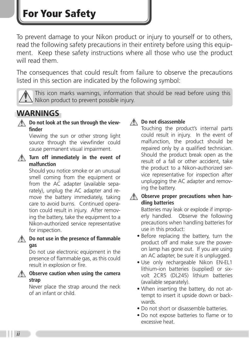 For your safety, Warnings | Nikon 8700 User Manual | Page 4 / 164