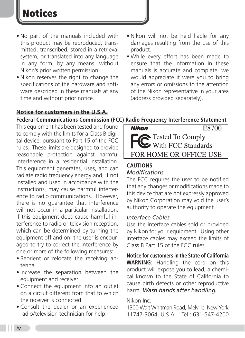 Notices, E8700 | Nikon 8700 User Manual | Page 6 / 164