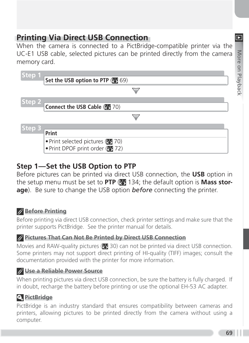 Printing via direct usb connection, Step 1 — set the usb option to ptp | Nikon 8700 User Manual | Page 79 / 164