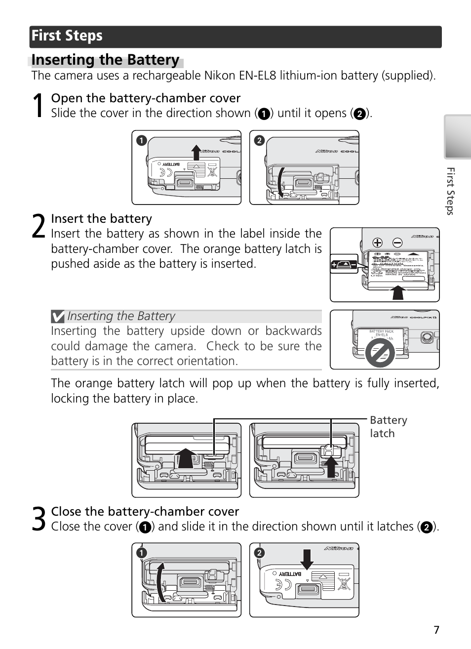 First steps, Inserting the battery | Nikon S3 User Manual | Page 17 / 110