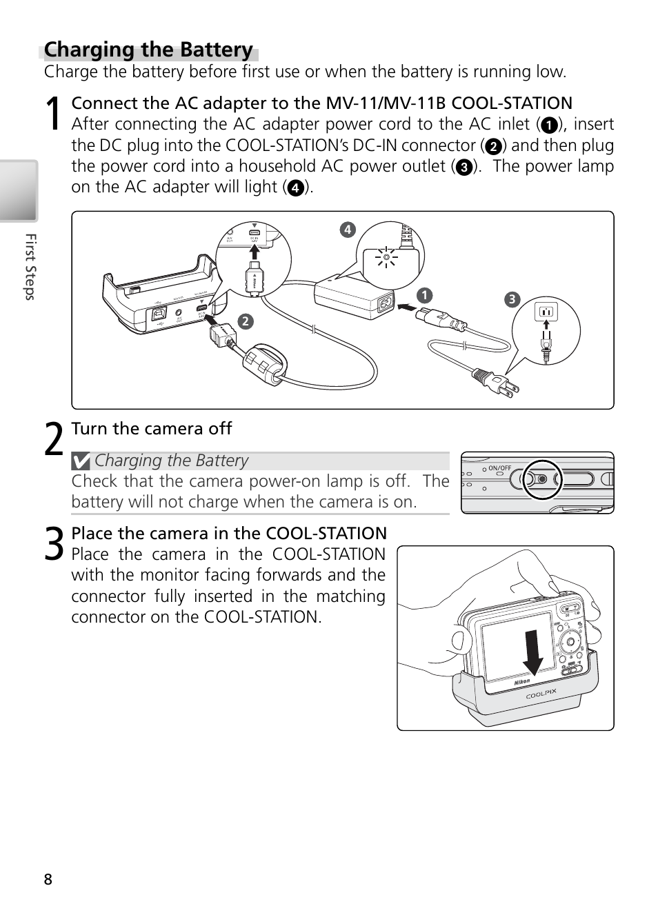 Charging the battery | Nikon S3 User Manual | Page 18 / 110