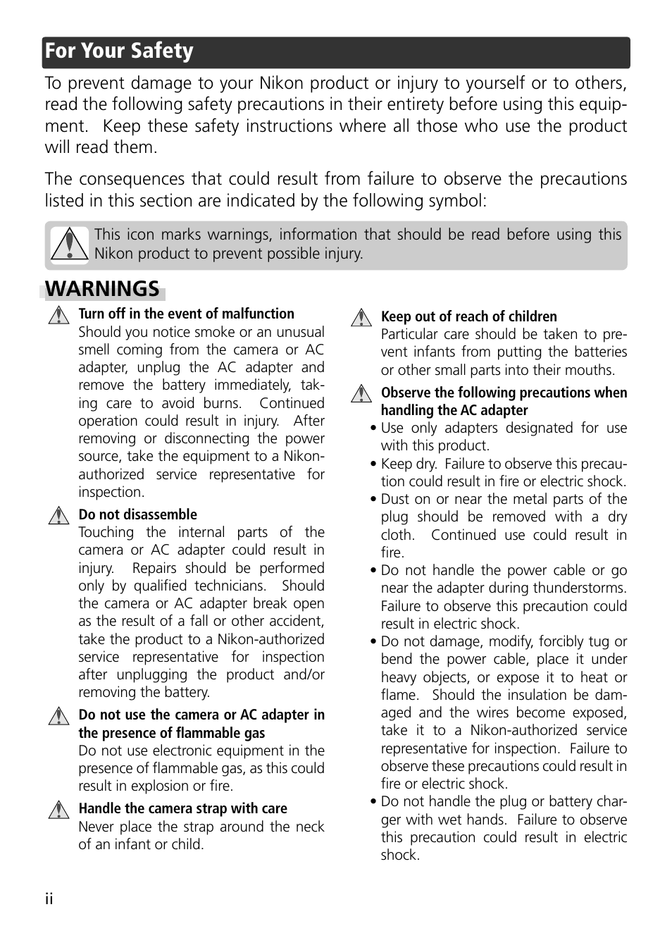 For your safety, Warnings | Nikon S3 User Manual | Page 4 / 110