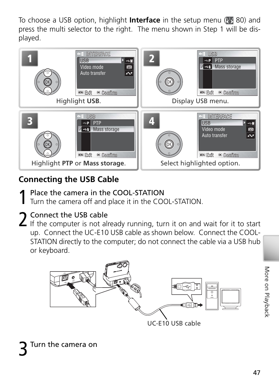 Connecting the usb cable, Turn the camera on | Nikon S3 User Manual | Page 57 / 110