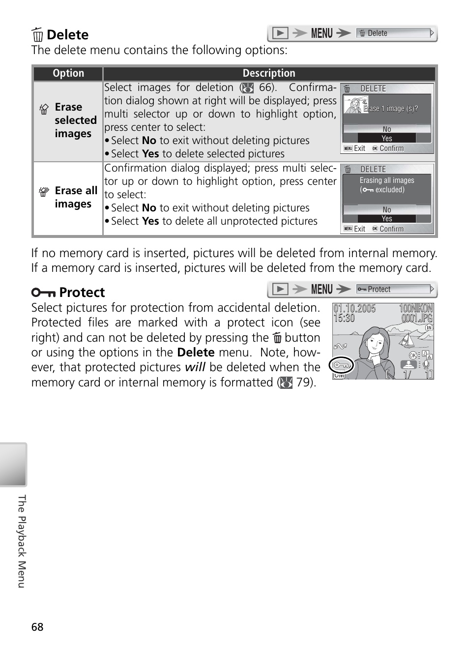 Delete, Protect, The delete menu contains the following options | Nikon S3 User Manual | Page 78 / 110