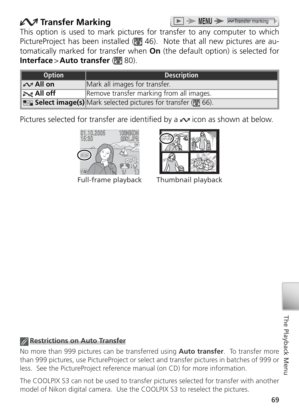 Transfer marking | Nikon S3 User Manual | Page 79 / 110