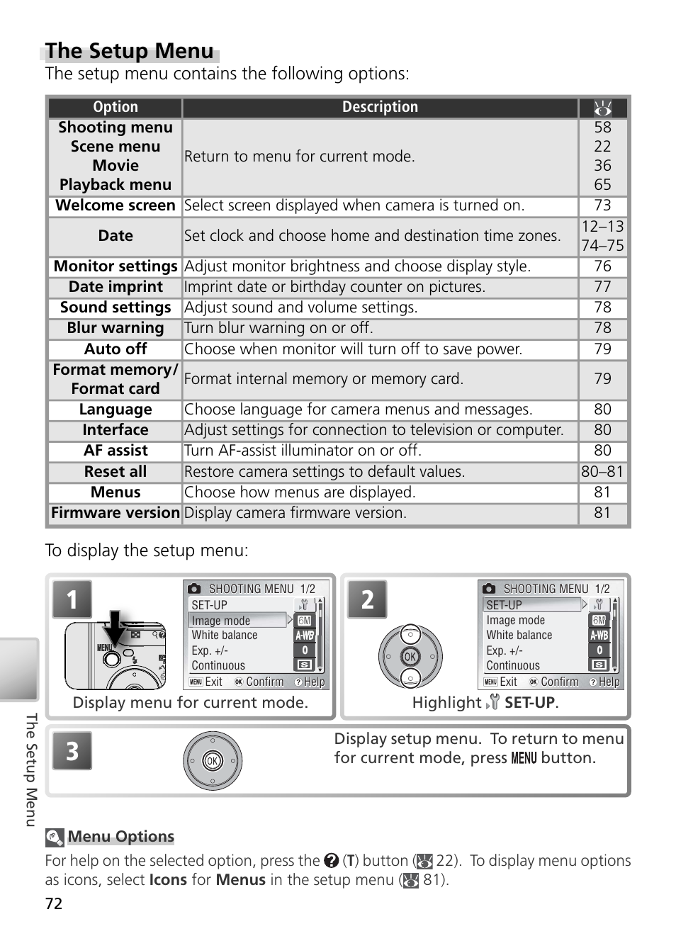 The setup menu, The setup menu contains the following options | Nikon S3 User Manual | Page 82 / 110