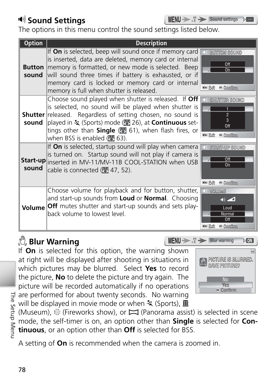 Sound settings, Blur warning | Nikon S3 User Manual | Page 88 / 110