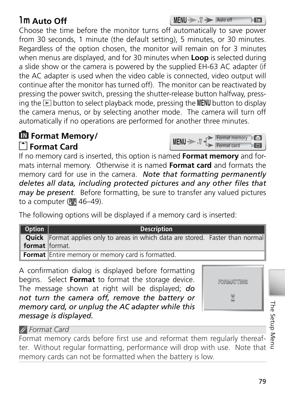 Auto off, Format memory / format card | Nikon S3 User Manual | Page 89 / 110