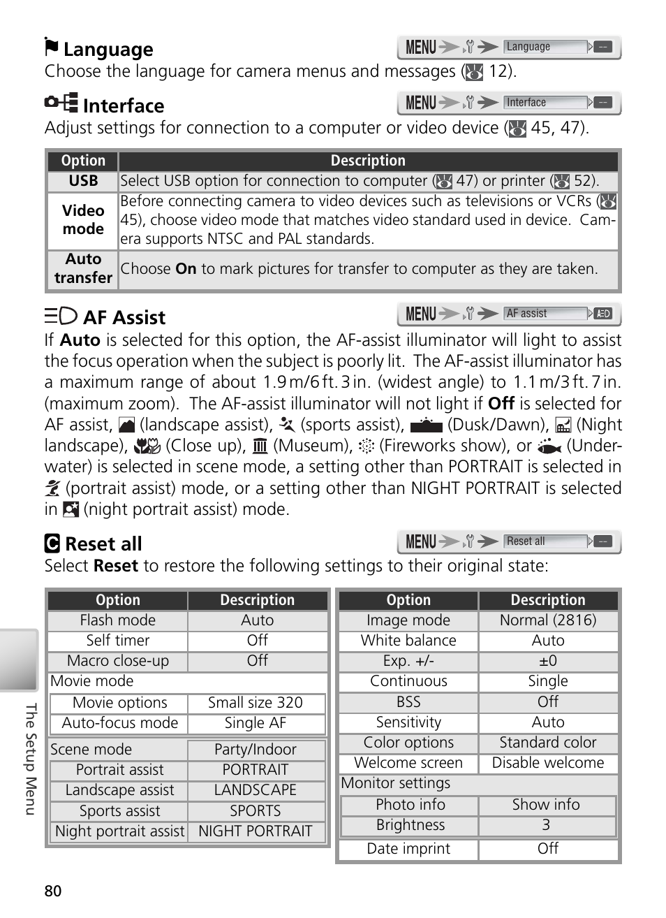 Language, Interface, Af assist | Reset all | Nikon S3 User Manual | Page 90 / 110