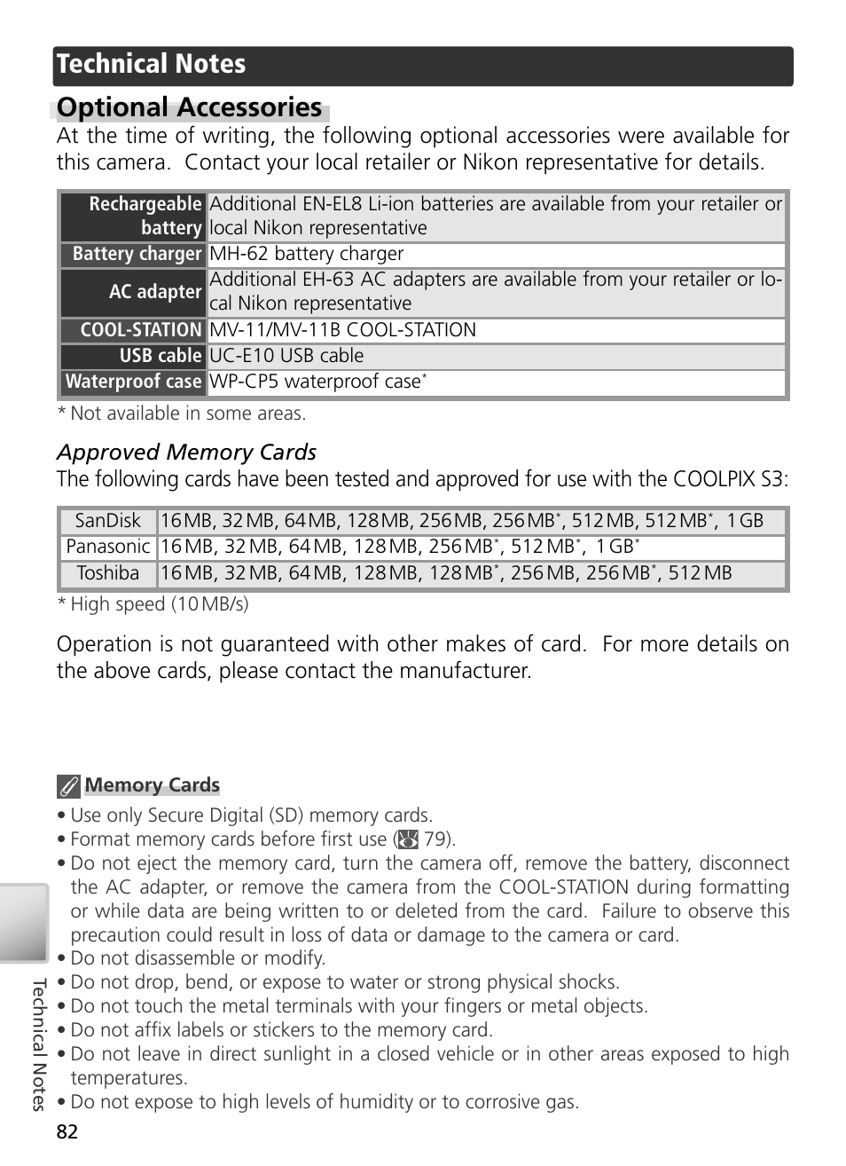 Technical notes, Optional accessories | Nikon S3 User Manual | Page 92 / 110