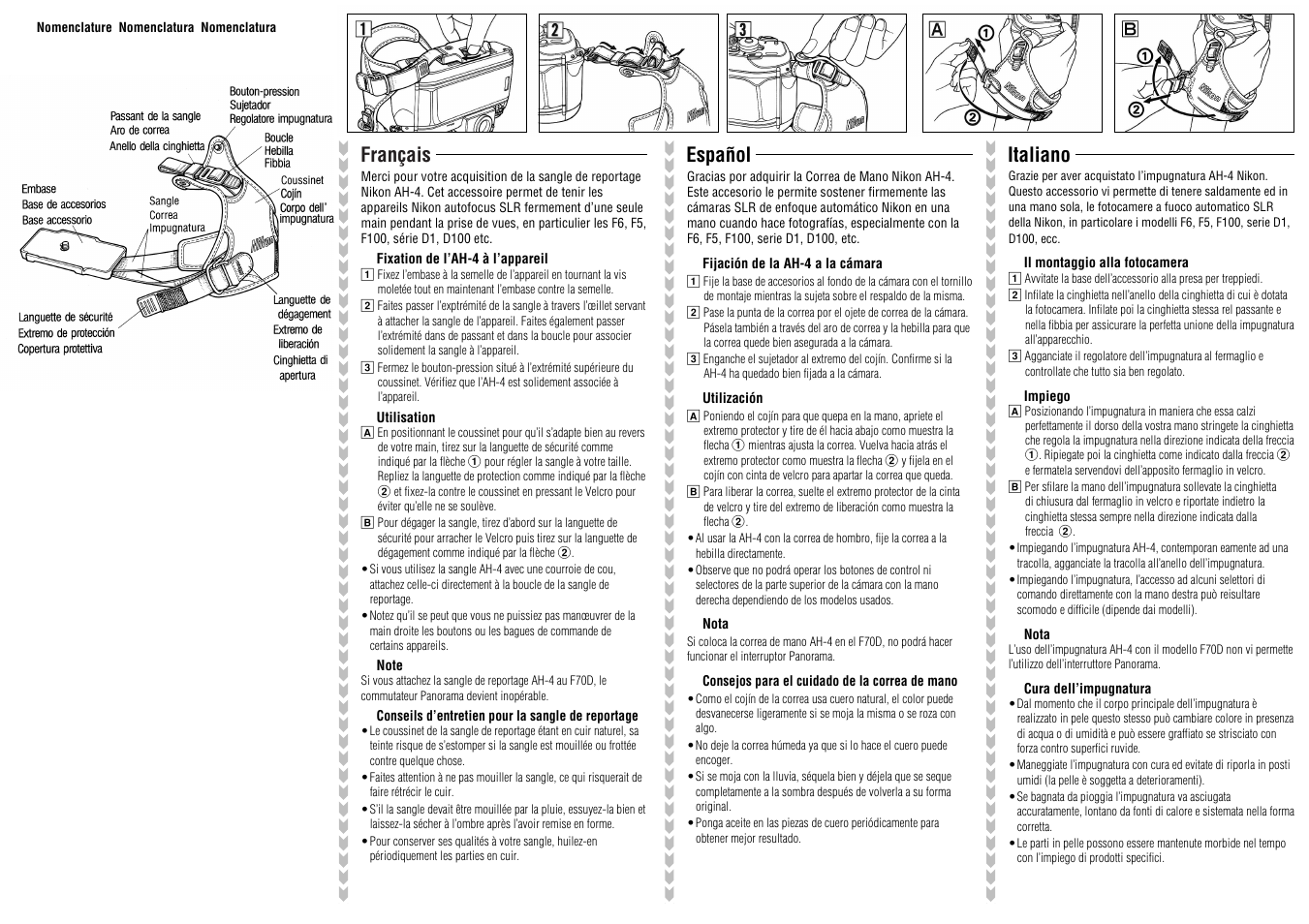 Français español italiano | Nikon AH-4 Hand Strap D1-series D100 User Manual | Page 2 / 2