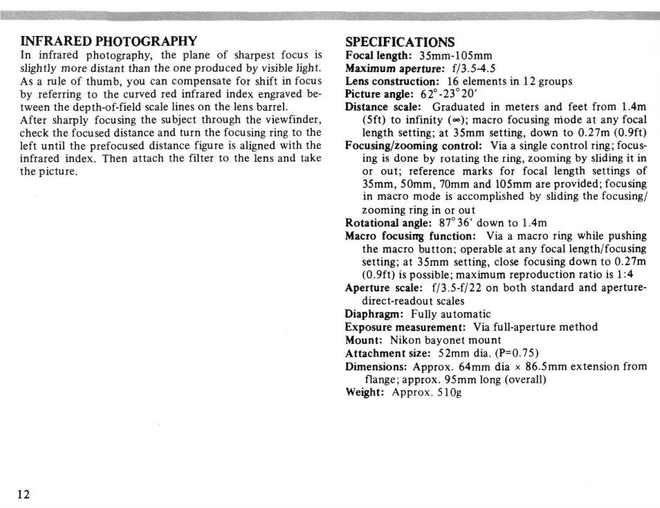 Focusing c | Nikon AI-S Zoom-NIKKOR 35-105mm f-3.5-4.5 User Manual | Page 12 / 52