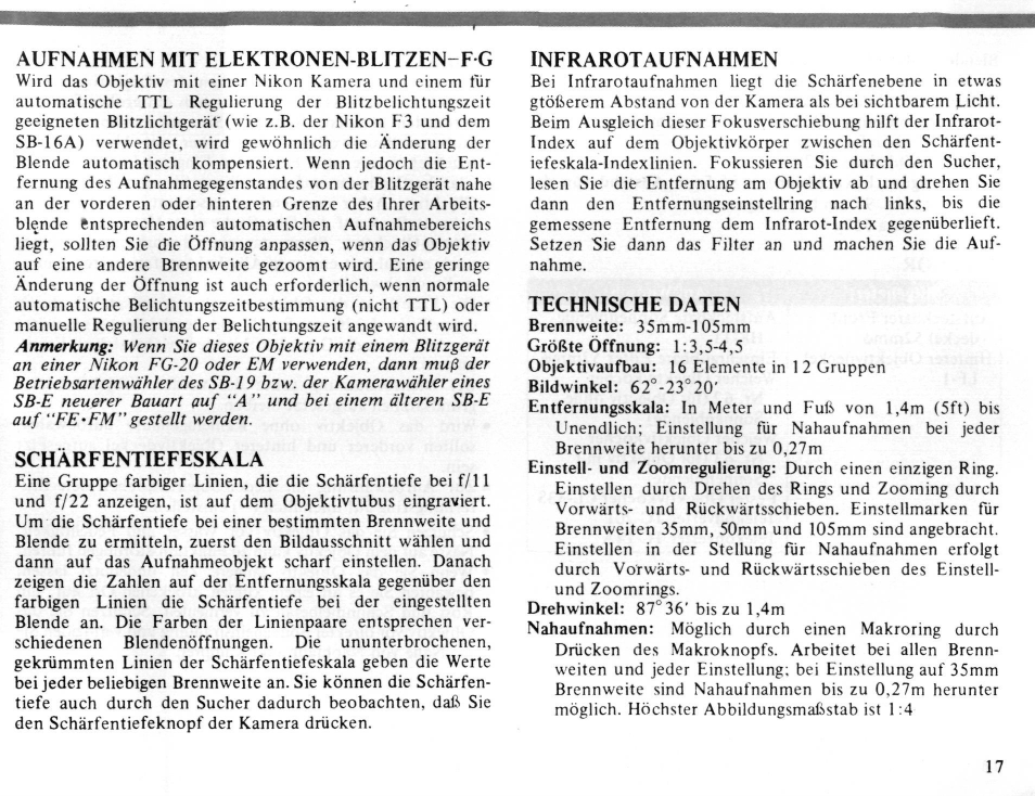 Specifications | Nikon AI-S Zoom-NIKKOR 35-105mm f-3.5-4.5 User Manual | Page 17 / 52