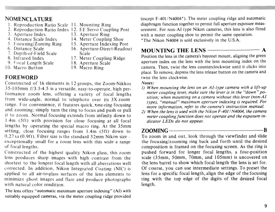 Nikon AI-S Zoom-NIKKOR 35-105mm f-3.5-4.5 User Manual | Page 9 / 52