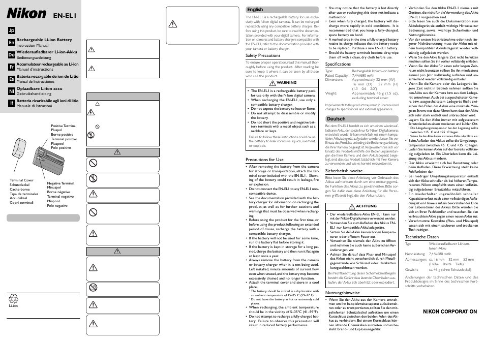 Nikon EN-EL1 Li-Ion rechargeable User Manual | 2 pages