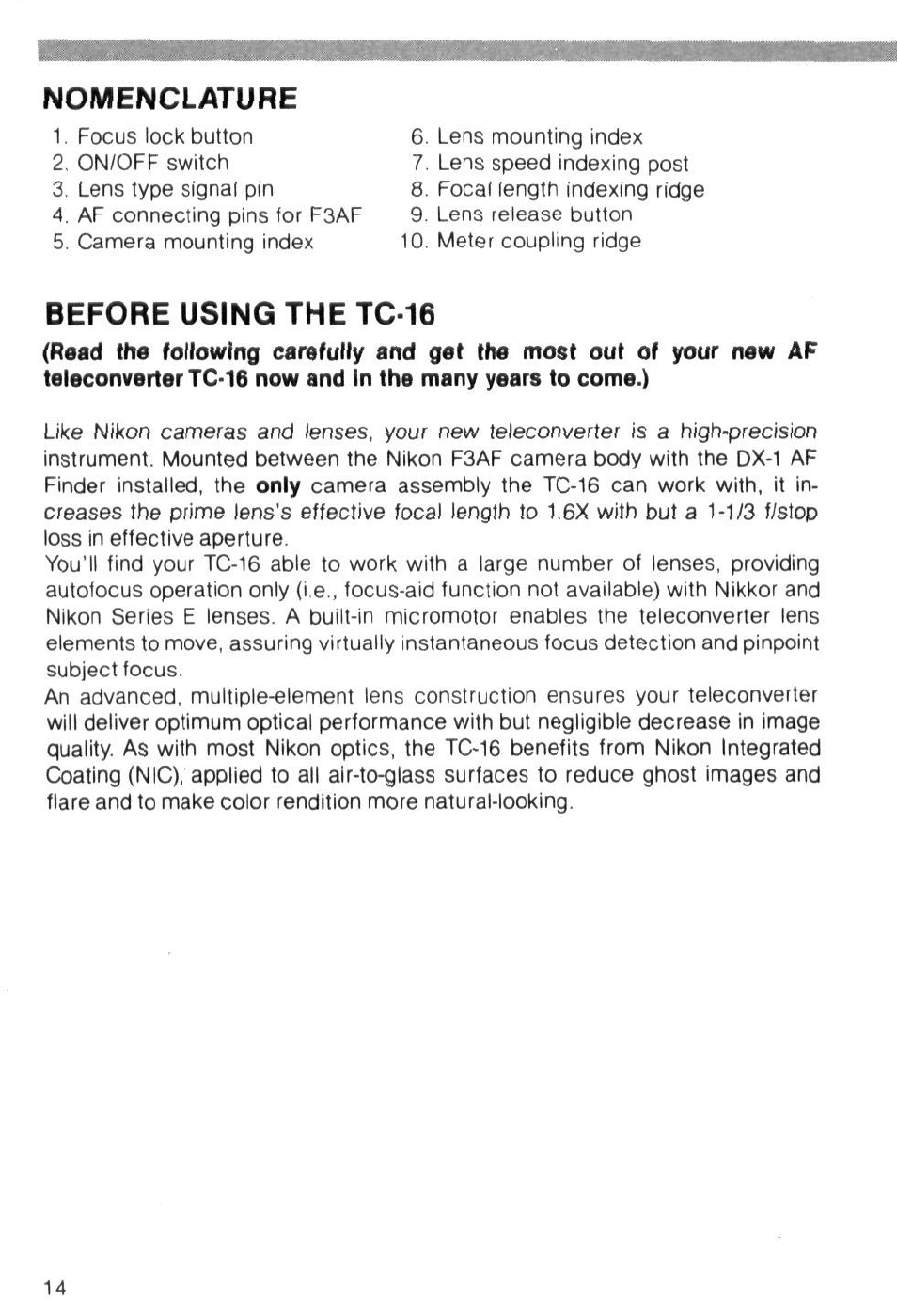 Nomenclature, Before using the tc-16 | Nikon AI-S TC-16- TC-16S User Manual | Page 14 / 54