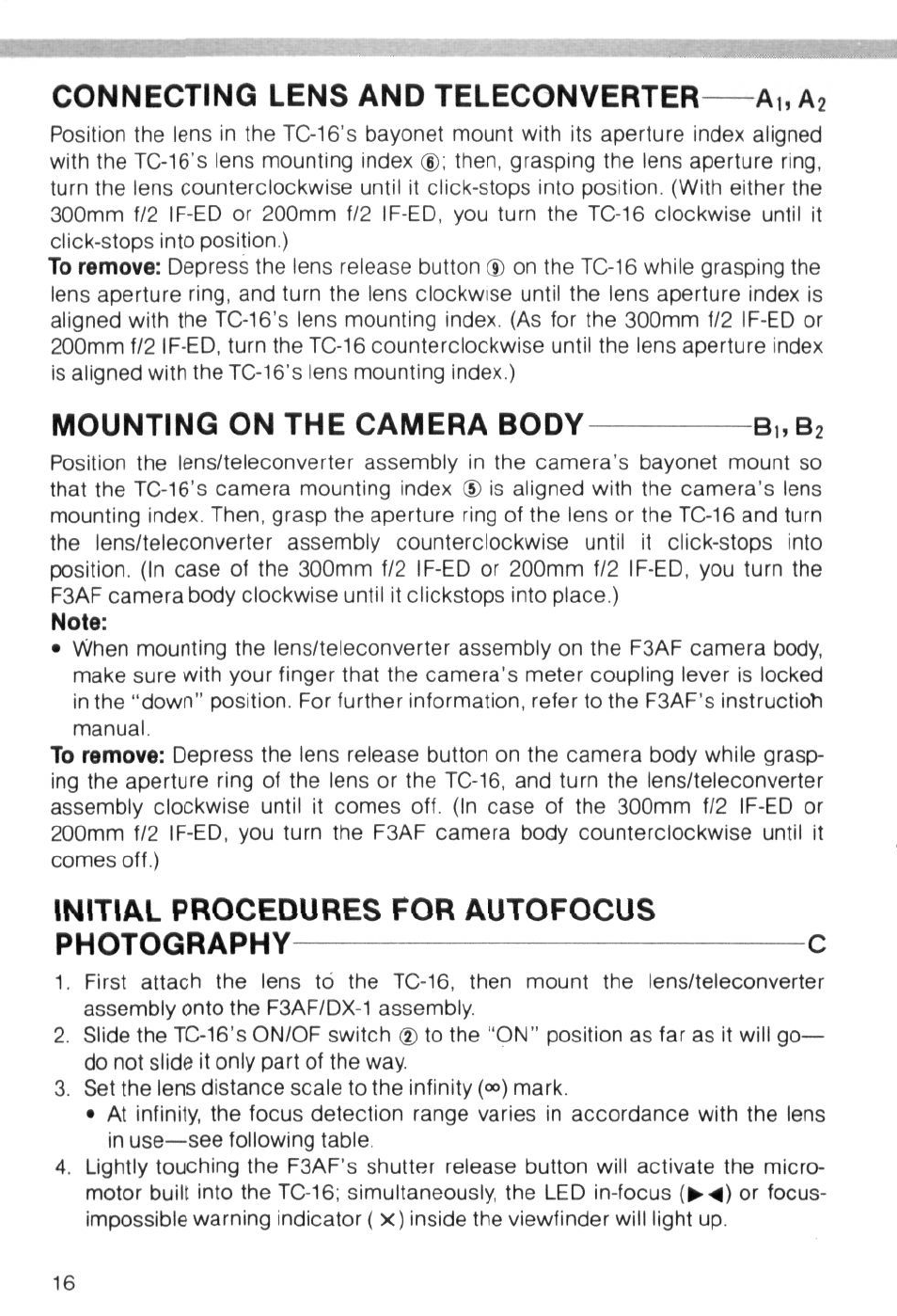 Connecting lens and teleconverter a„ a2, Mounting on the camera body bi.bj, Initial procedures for autofocus photography c | Connecting lens and teleconverter---------- a„ a2 | Nikon AI-S TC-16- TC-16S User Manual | Page 16 / 54