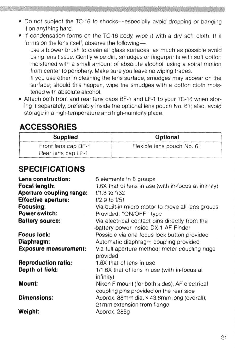 Accessories, Specifications | Nikon AI-S TC-16- TC-16S User Manual | Page 21 / 54