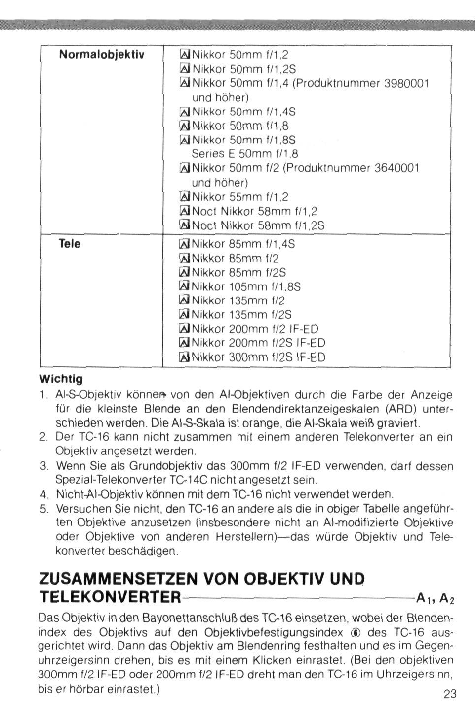 Zusammensetzen von objektiv und telekonverter | Nikon AI-S TC-16- TC-16S User Manual | Page 23 / 54