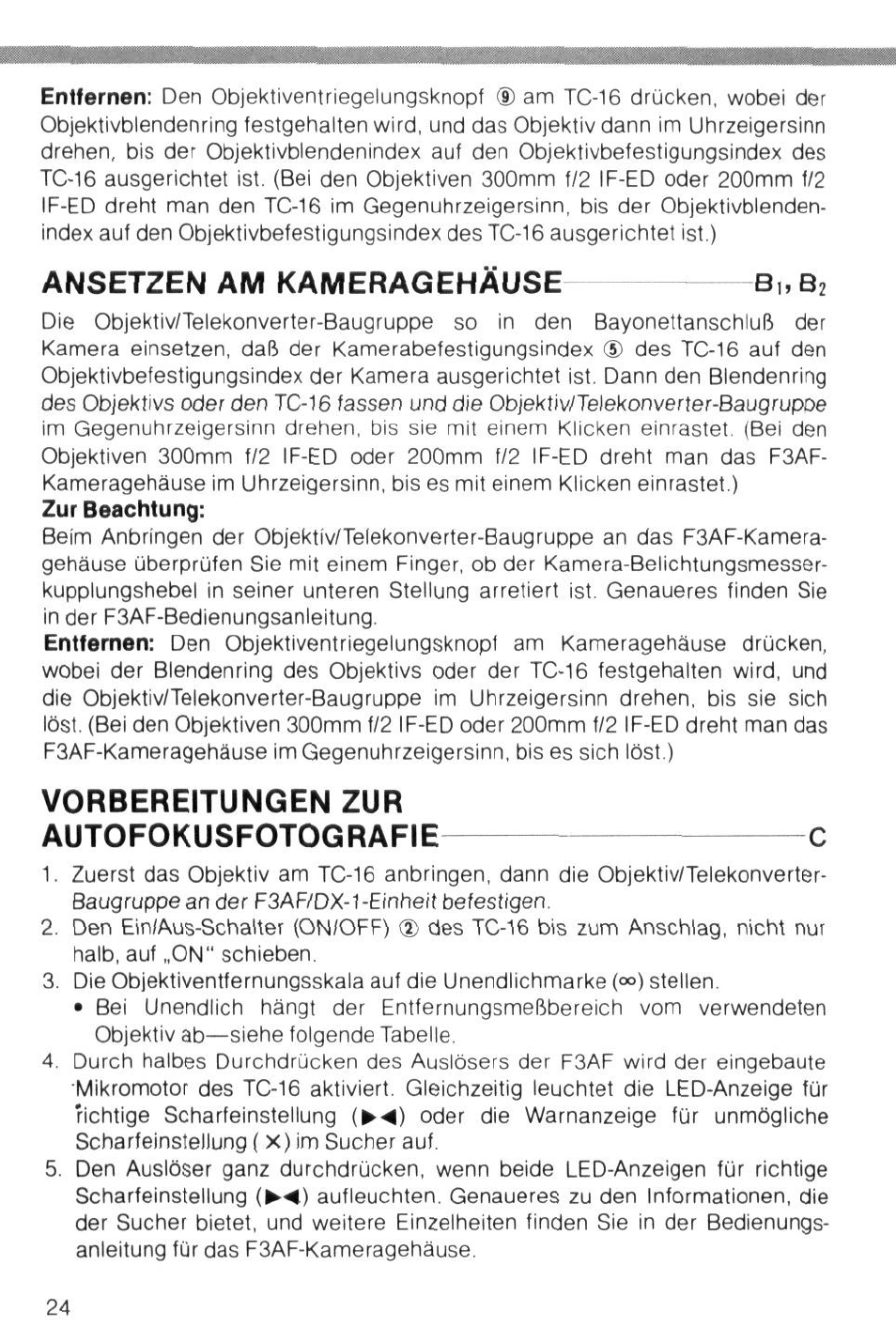 Ansetzen am kameragehause, Vorbereitungen zur, Autofokusfotografie c | Nikon AI-S TC-16- TC-16S User Manual | Page 24 / 54