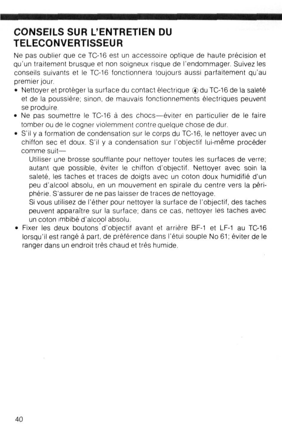 Conseils sur l’entretien du teleconvertisseur | Nikon AI-S TC-16- TC-16S User Manual | Page 40 / 54