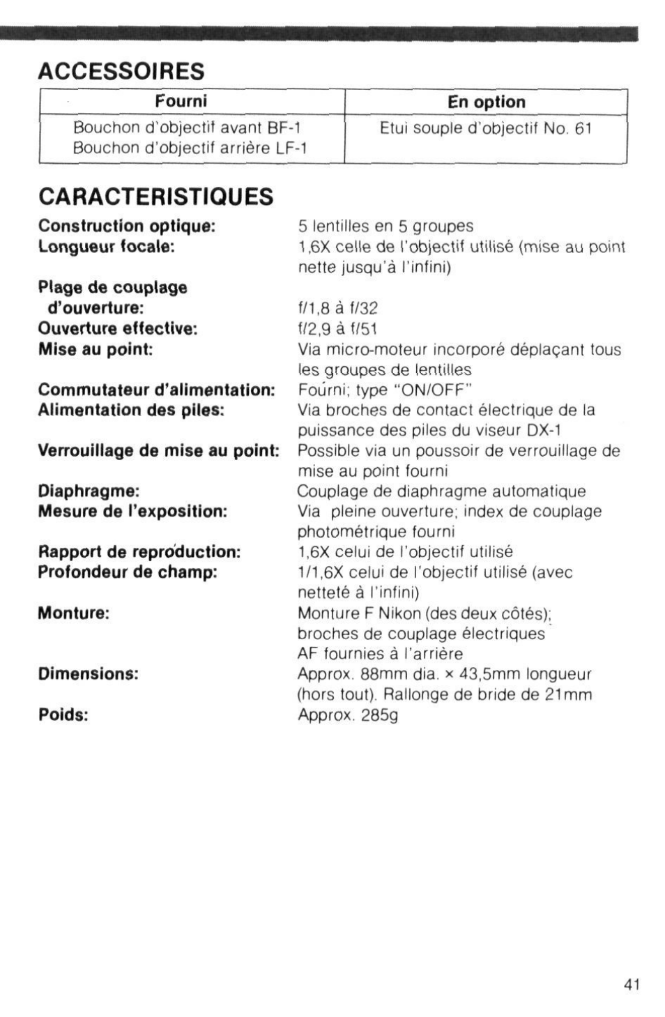 Accessoires, Caracteristiques | Nikon AI-S TC-16- TC-16S User Manual | Page 41 / 54