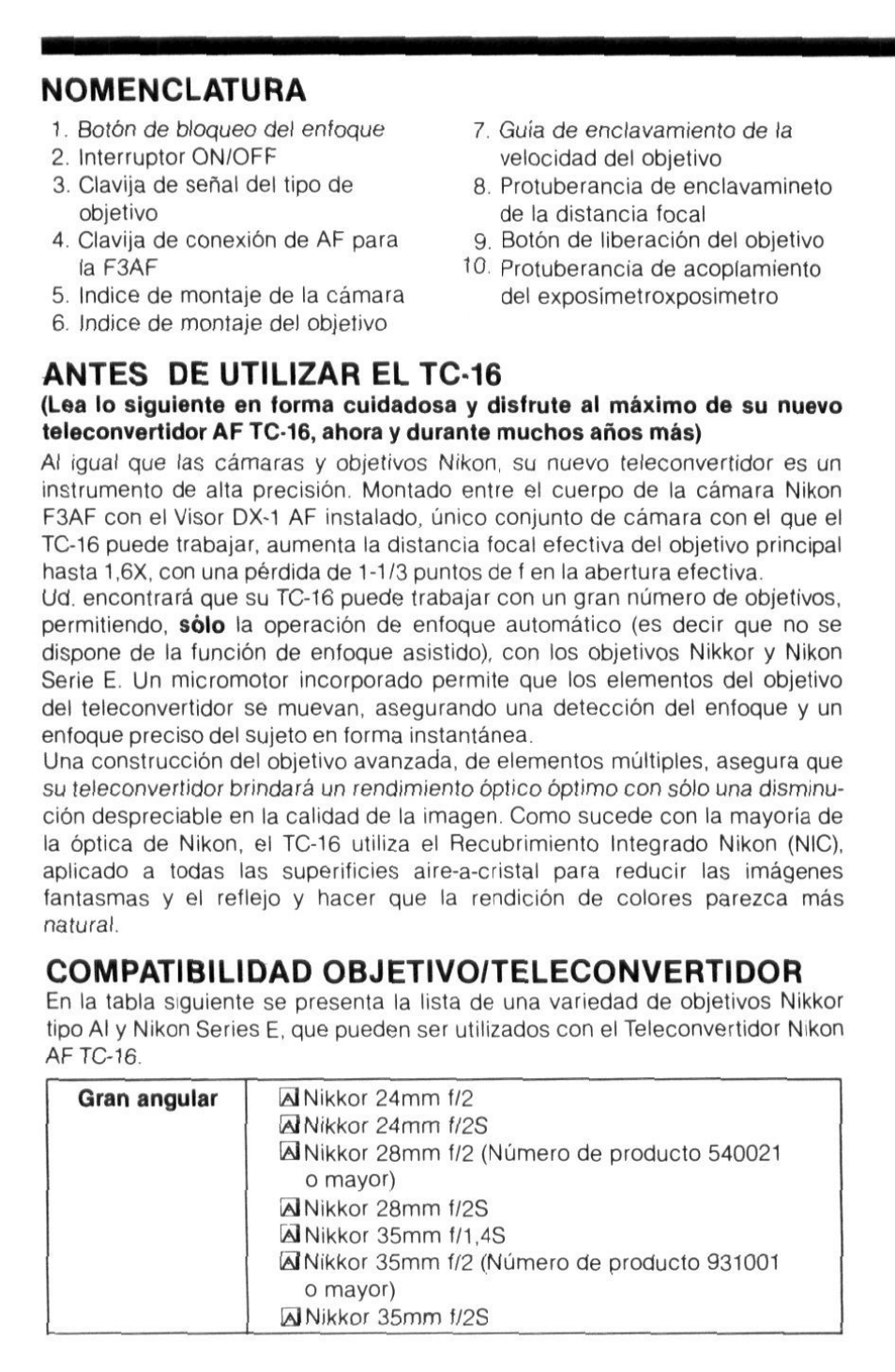 Nomenclatura, Antes de utilizar el tc-16, Compatibilidad objetivo/teleconvertidor | Nikon AI-S TC-16- TC-16S User Manual | Page 42 / 54