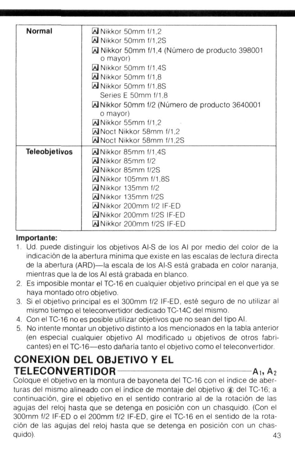 Conexion del objetivo y el teleconvertidor ai, az, Conexion del objetivo y el teleconvertidor, Ai, az | Nikon AI-S TC-16- TC-16S User Manual | Page 43 / 54