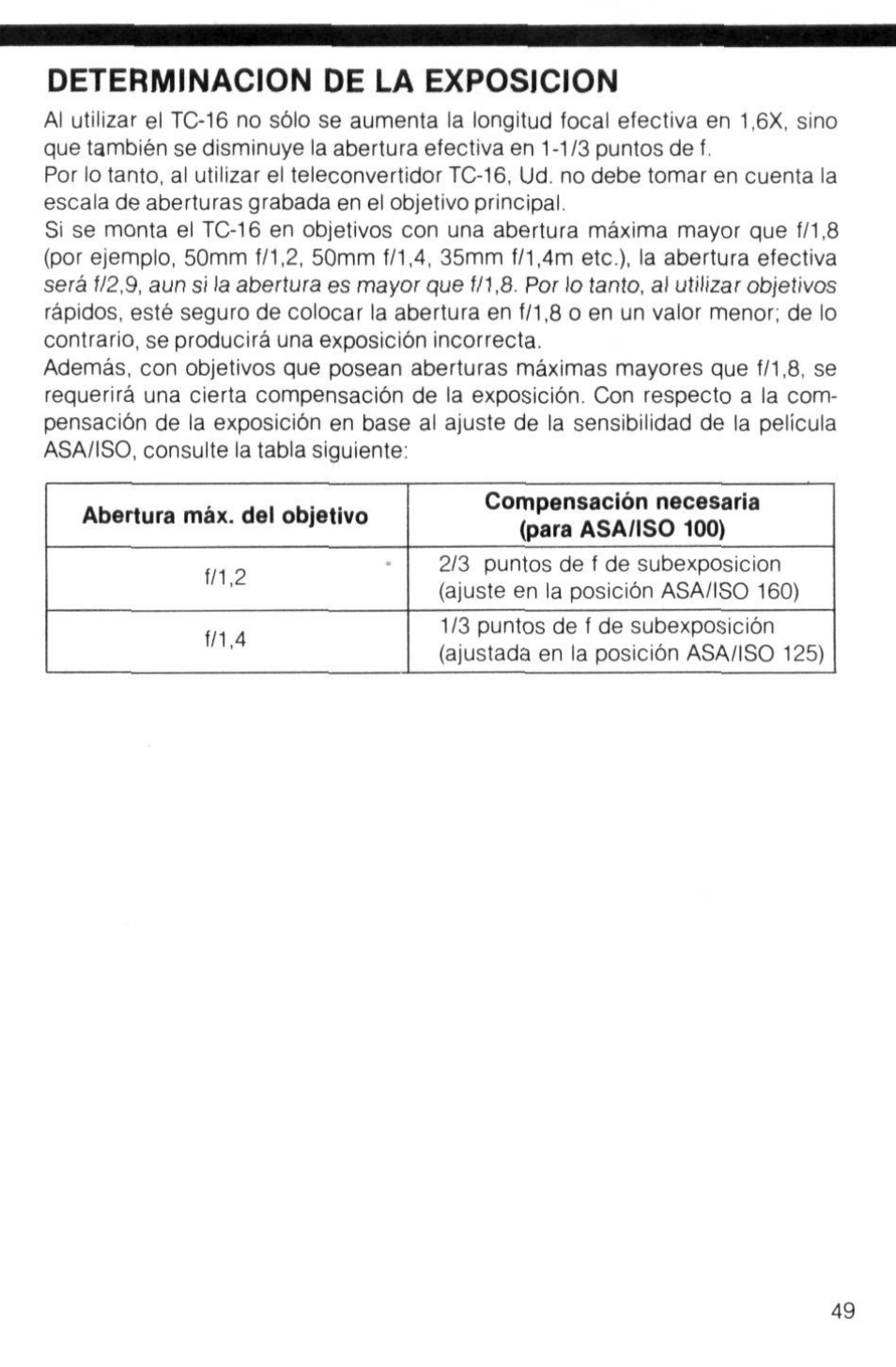 Determinacion de la exposicion | Nikon AI-S TC-16- TC-16S User Manual | Page 49 / 54