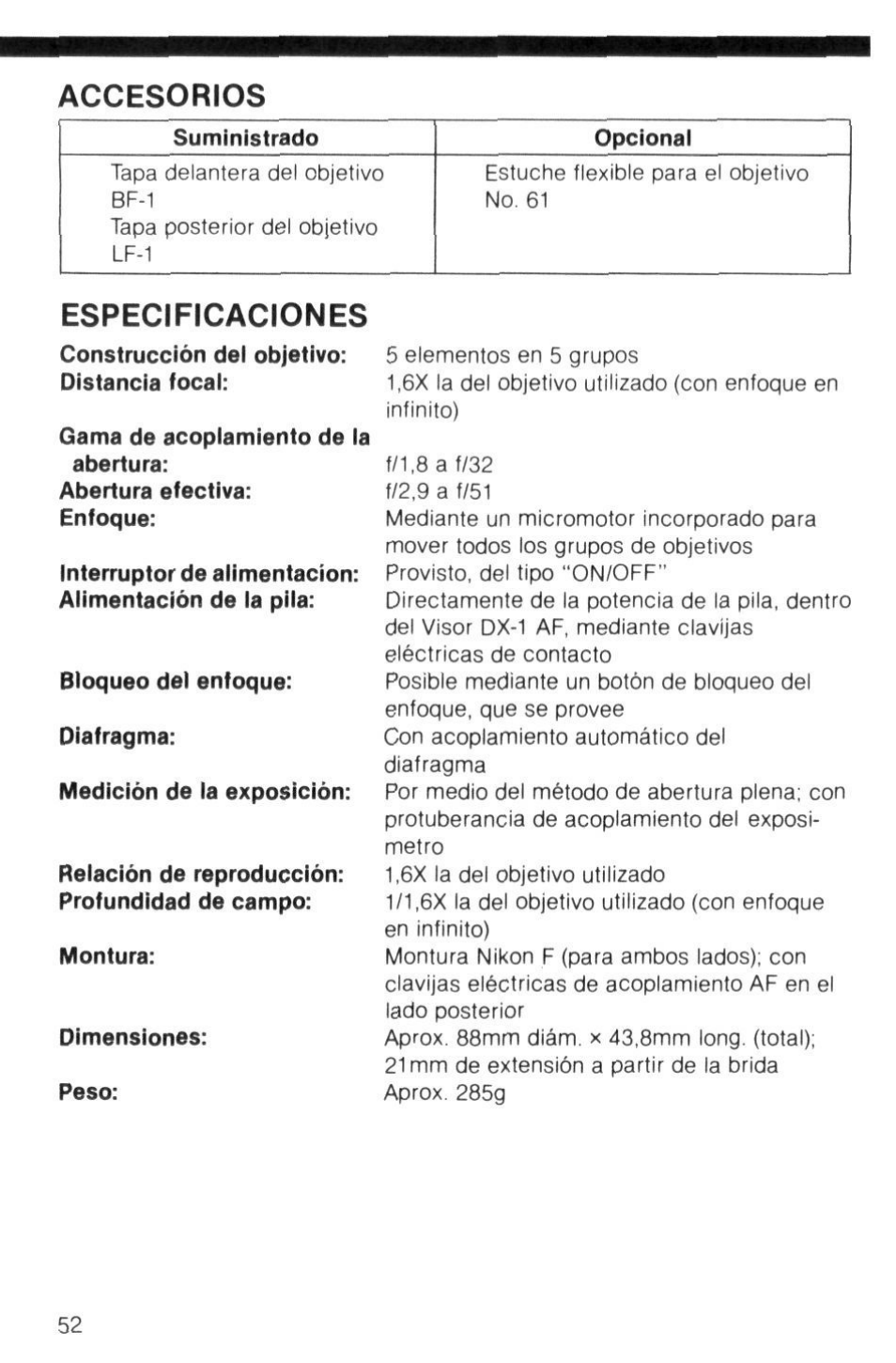 Accesorios, Especificaciones | Nikon AI-S TC-16- TC-16S User Manual | Page 52 / 54