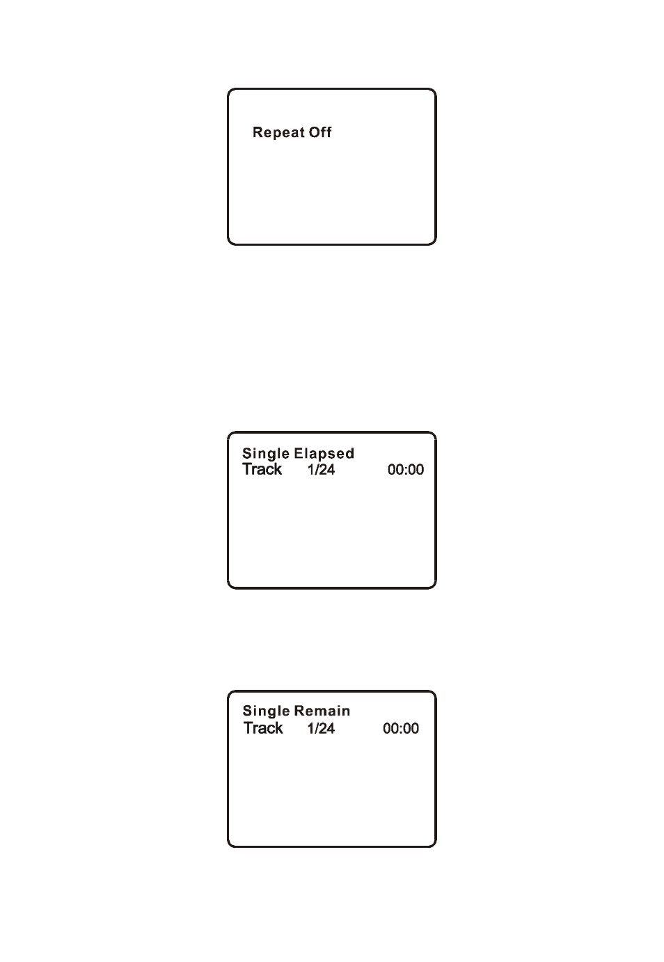 Repeat off screen display 4. playing audio cds, Single elapsed screen display, Single remain screen display | Audiovox PG300 User Manual | Page 23 / 33
