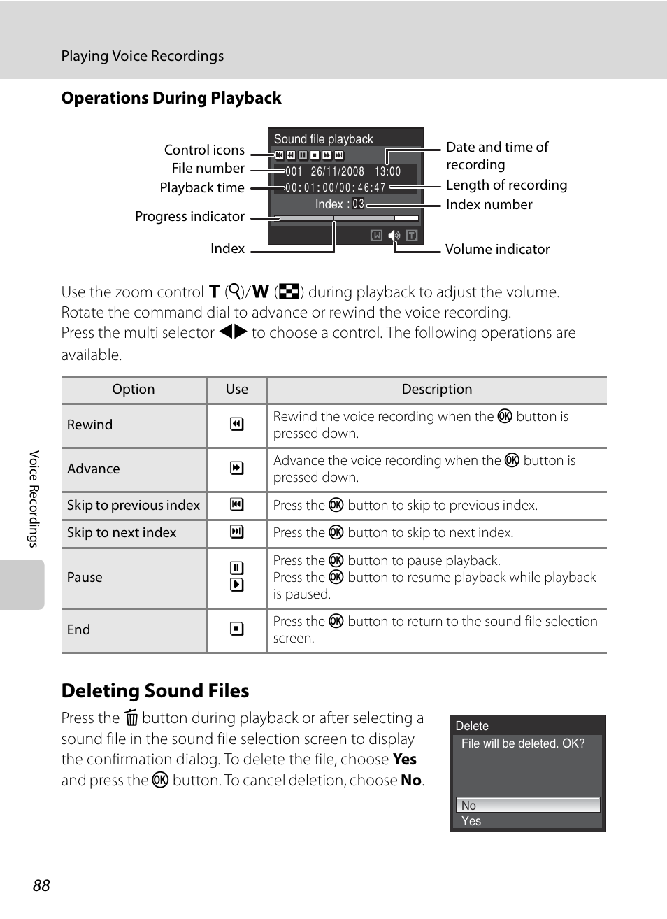 Deleting sound files, Operations during playback | Nikon P6000 User Manual | Page 102 / 220