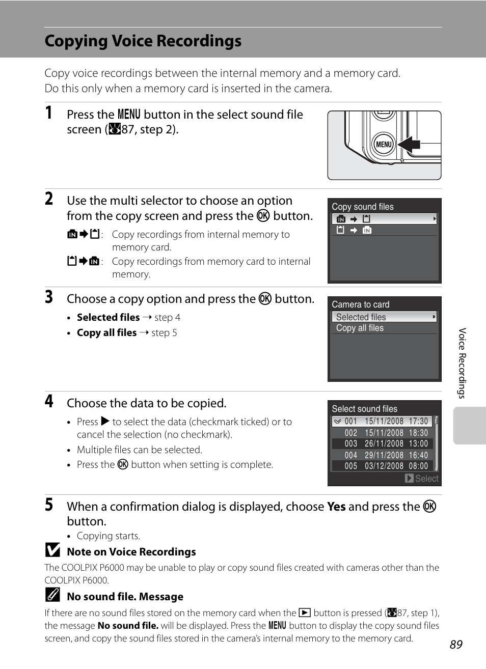 Copying voice recordings | Nikon P6000 User Manual | Page 103 / 220