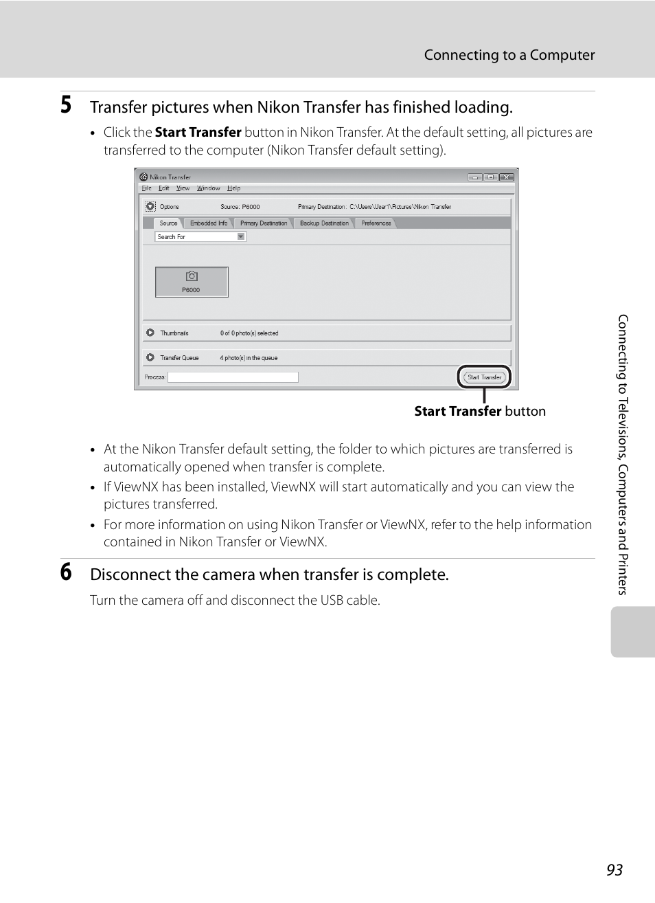 Disconnect the camera when transfer is complete | Nikon P6000 User Manual | Page 107 / 220