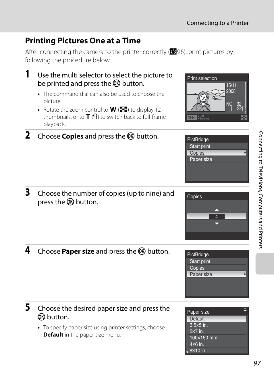 Printing pictures one at a time, Choose copies and press the k button, Choose paper size and press the k button | Nikon P6000 User Manual | Page 111 / 220
