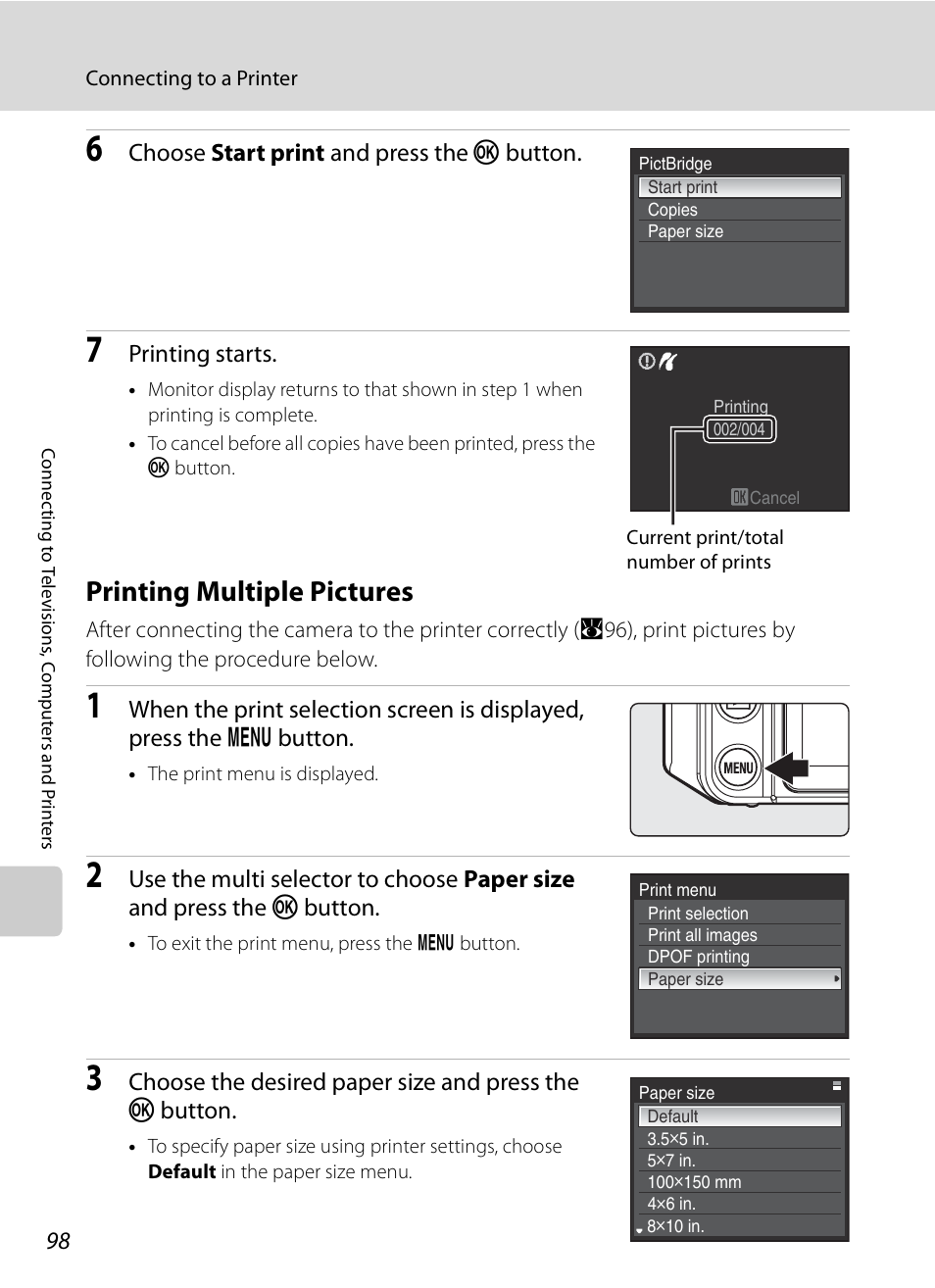 Printing multiple pictures, A98) | Nikon P6000 User Manual | Page 112 / 220