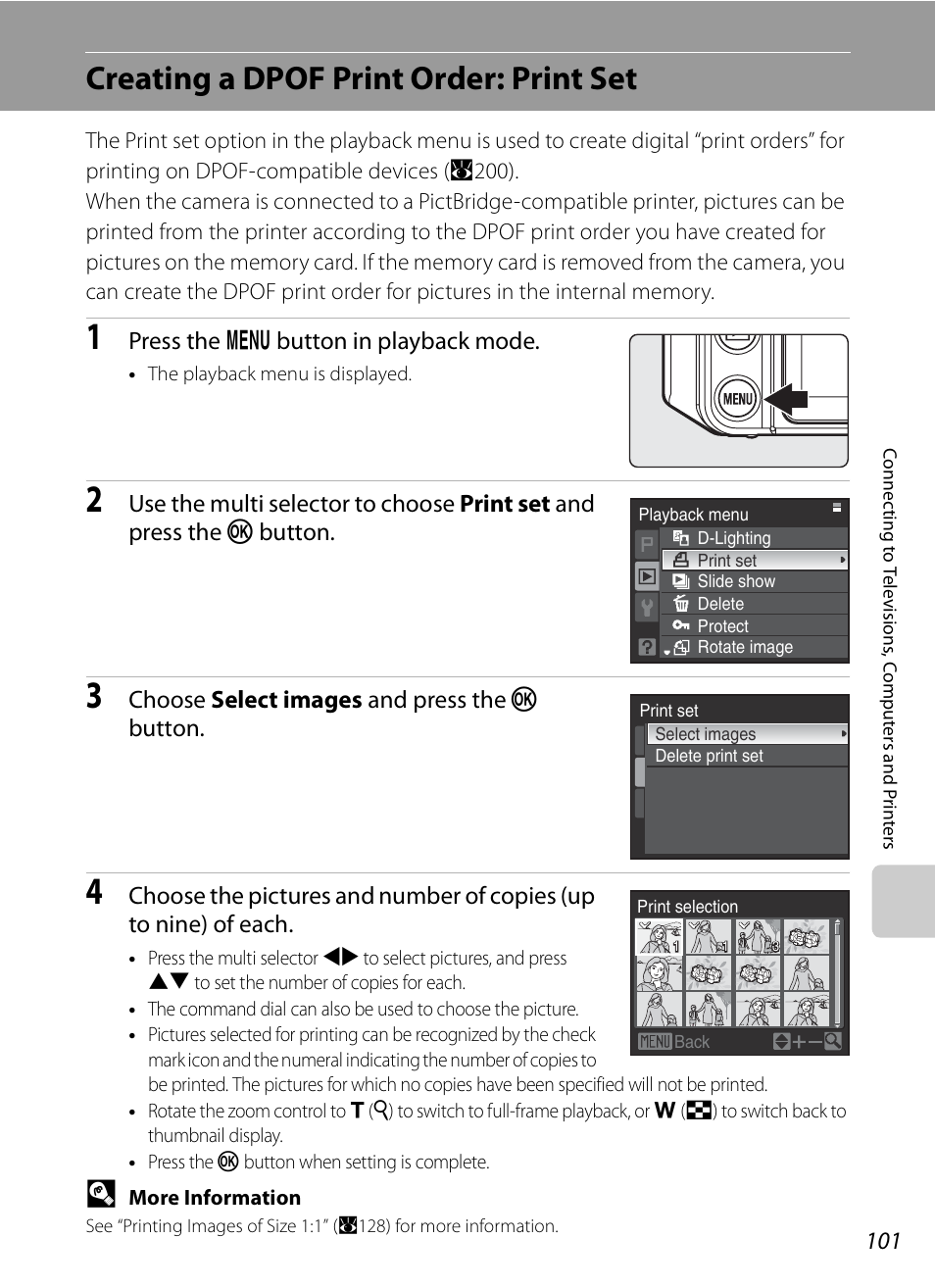 Creating a dpof print order: print set, A101), A101 | Press the d button in playback mode, Choose select images and press the k button | Nikon P6000 User Manual | Page 115 / 220