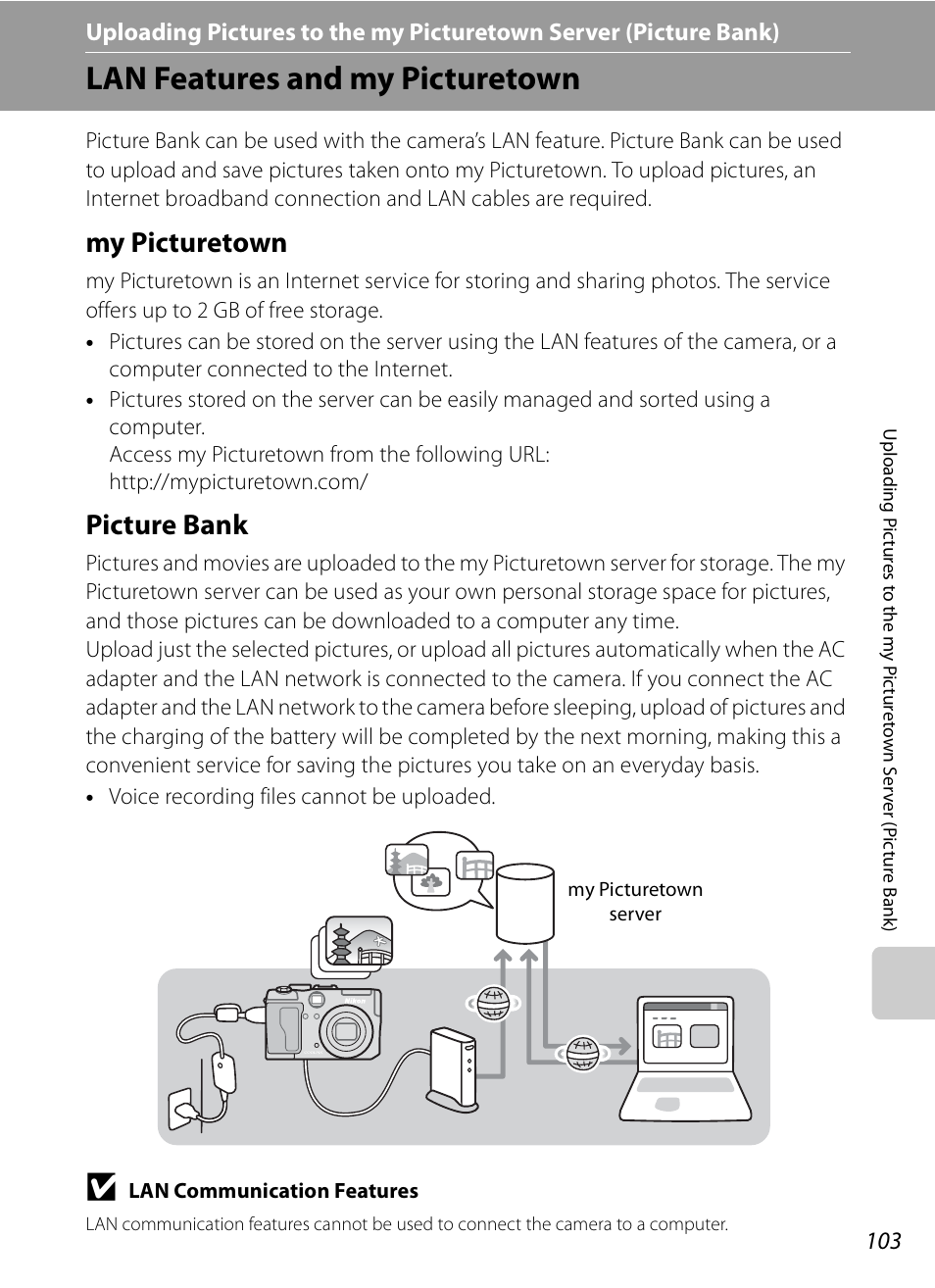 Lan features and my picturetown, My picturetown, Picture bank | My picturetown picture bank, A103) | Nikon P6000 User Manual | Page 117 / 220