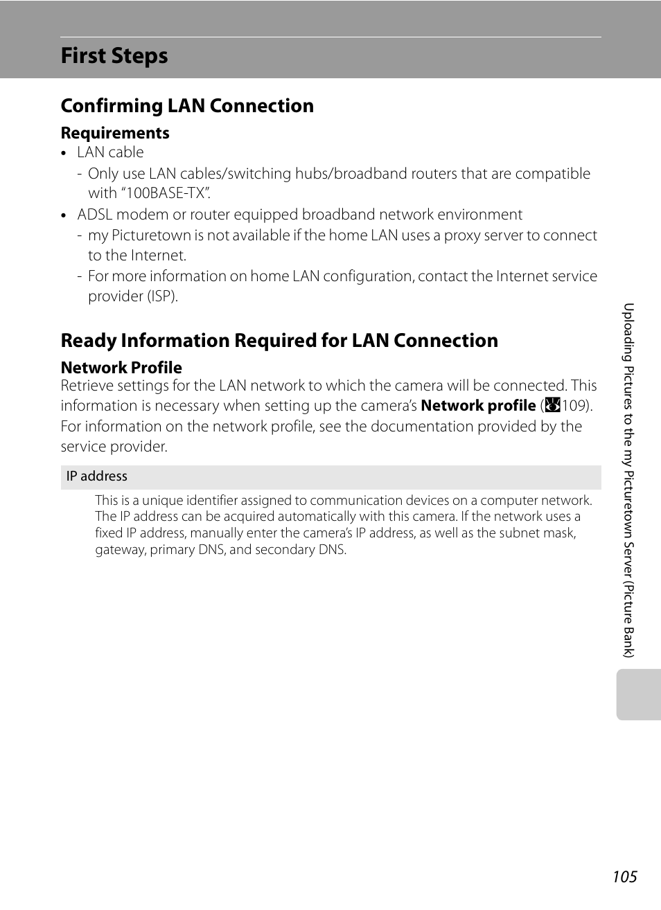 First steps, Confirming lan connection, Ready information required for lan connection | A105), Requirements, Network profile | Nikon P6000 User Manual | Page 119 / 220